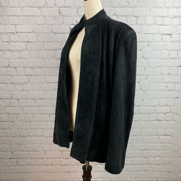 Vintage 90s Artpel Genuine Suede Leather Open Front Black Blazer Jacket Large - Picture 4 of 11